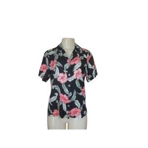 Tommy Bahama Floral Button-Up Shirt Black w Pink Hibiscus 100% Silk Size S